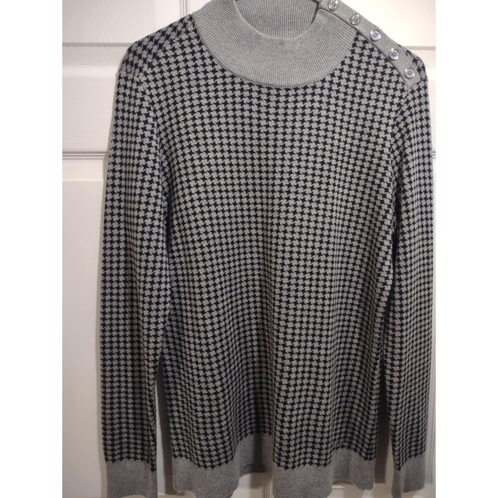 Calvin Klein Womens Houndstooth Mockneck Sweater S. M Black Gray Long Sleeve D26